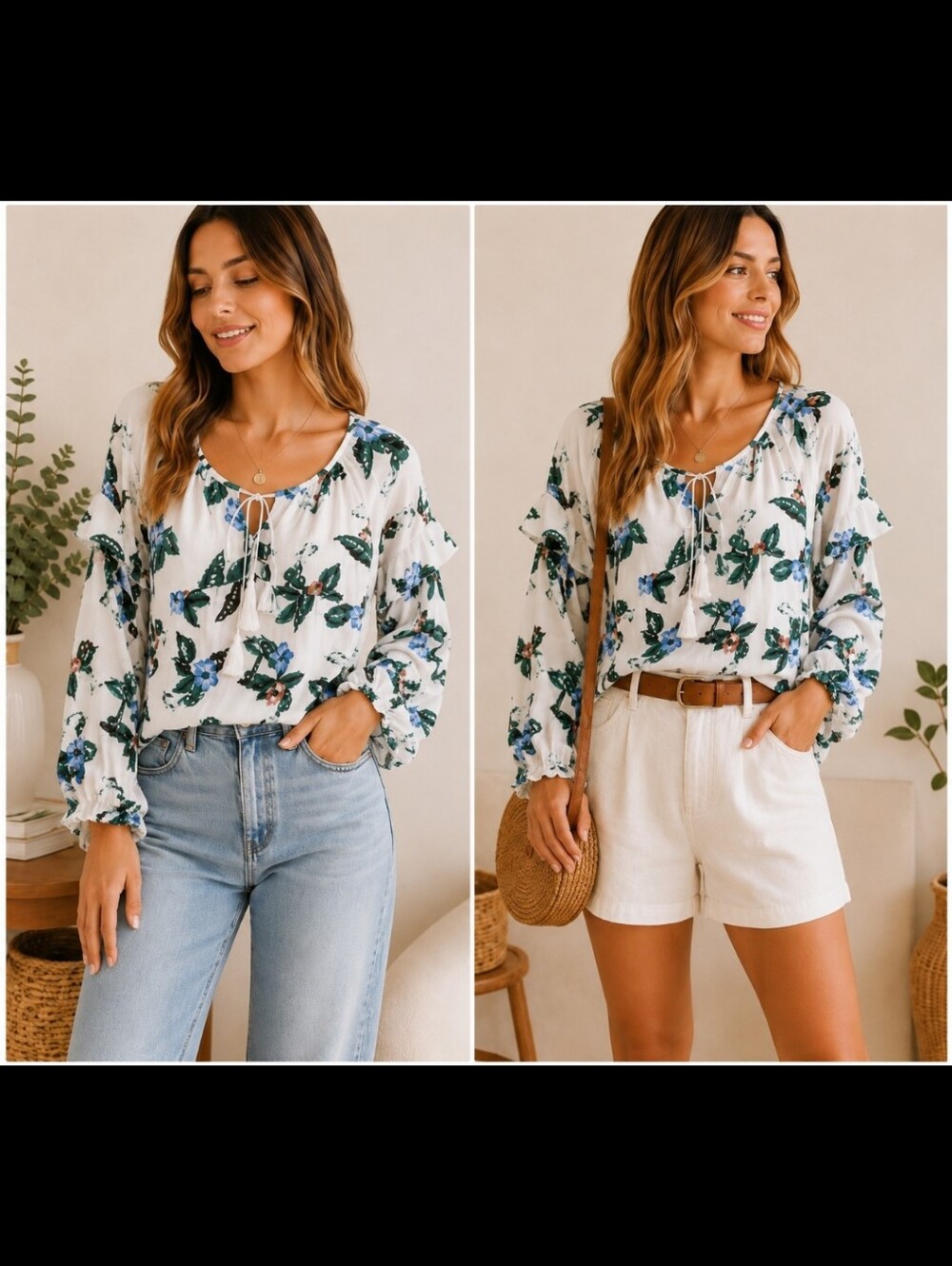 Old Navy~ Floral Tie Neck Blouse Ruffle Sleeve Boho Top